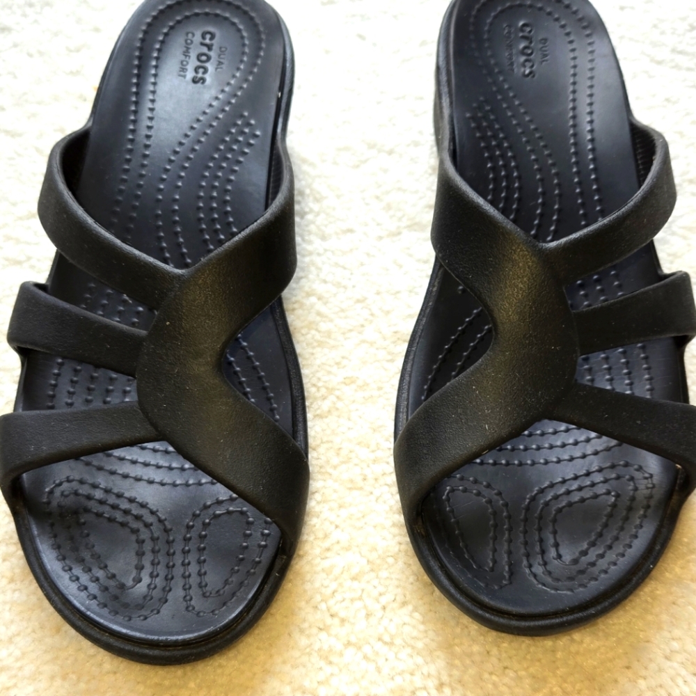 CROCS Black Strappy Slide Sandals, Size 7, Wedge Heel. Like New.